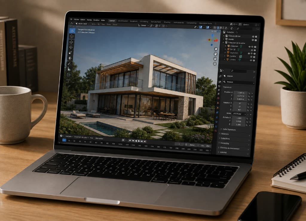 Ordinateur ouvert sur un logiciel de modélisation 3D, dans un espace de travail à la maison.