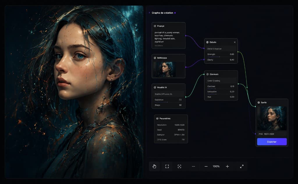 Interface de création numérique et d'intelligence artificielle.