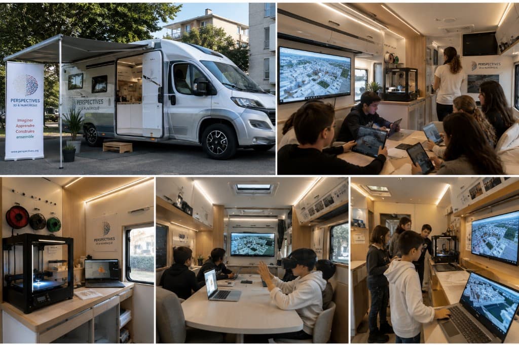 Vision du laboratoire mobile : un véhicule aménagé, des ateliers autour d'une table, une imprimante 3D et un écran montrant une ville en 3D. Image de conception — ce projet n'existe pas encore.