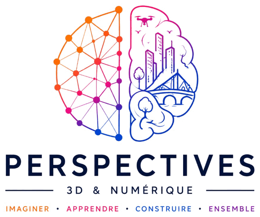 Logo complet de l'association Perspectives : un cerveau composé d'un réseau de points et d'un paysage urbain dessiné à la main, surmontant la signature « 3D & Numérique » et la devise « Imaginer · Apprendre · Construire · Ensemble ».
